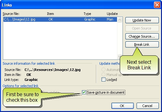 break link in word document